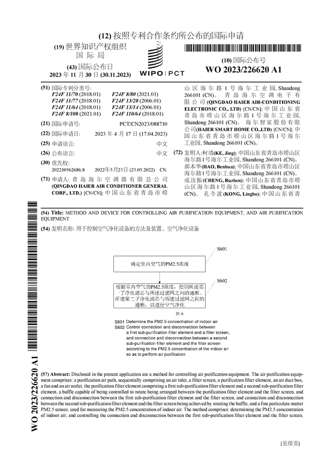 海尔智家新获得国际专利授权：“用于控制空气净化设备的方法及装置、空气净化设备”(图1)